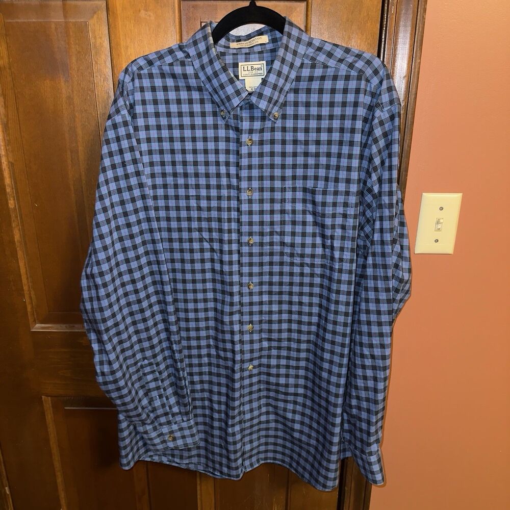LL Bean Wrinkle-Free Kennebunk Sport Shirt XL Traditional Fit Check Blue Black